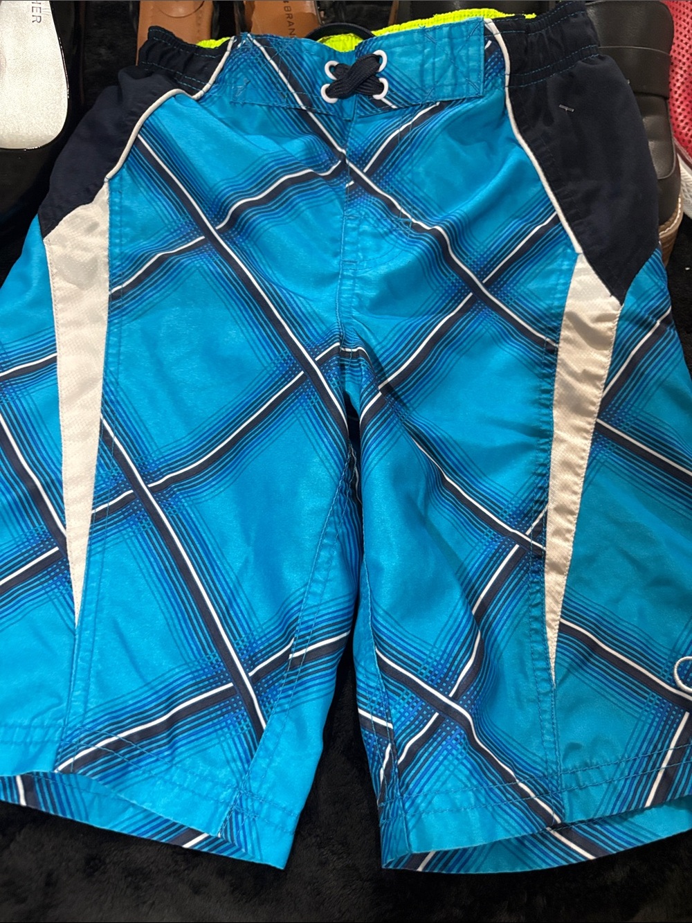 OP Blue Plaid Swim Hybrids with White Panels